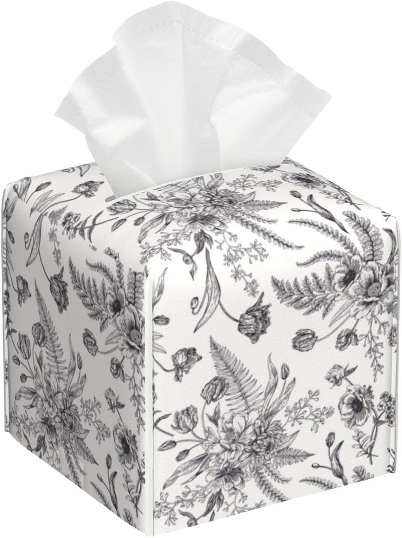 sndheke Black and White Flowers Tissue Box Cover Square,Vintage Floral Plant Leaves Tissue Box Holder Waterproof Leather Facial Paper Organizer Dispenser for Bathroom Home Car Nightstand Vanity Desk - Image 1